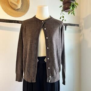 Chocolate Brown Soft Knit White Button Down Cardigan Sweater Size Small